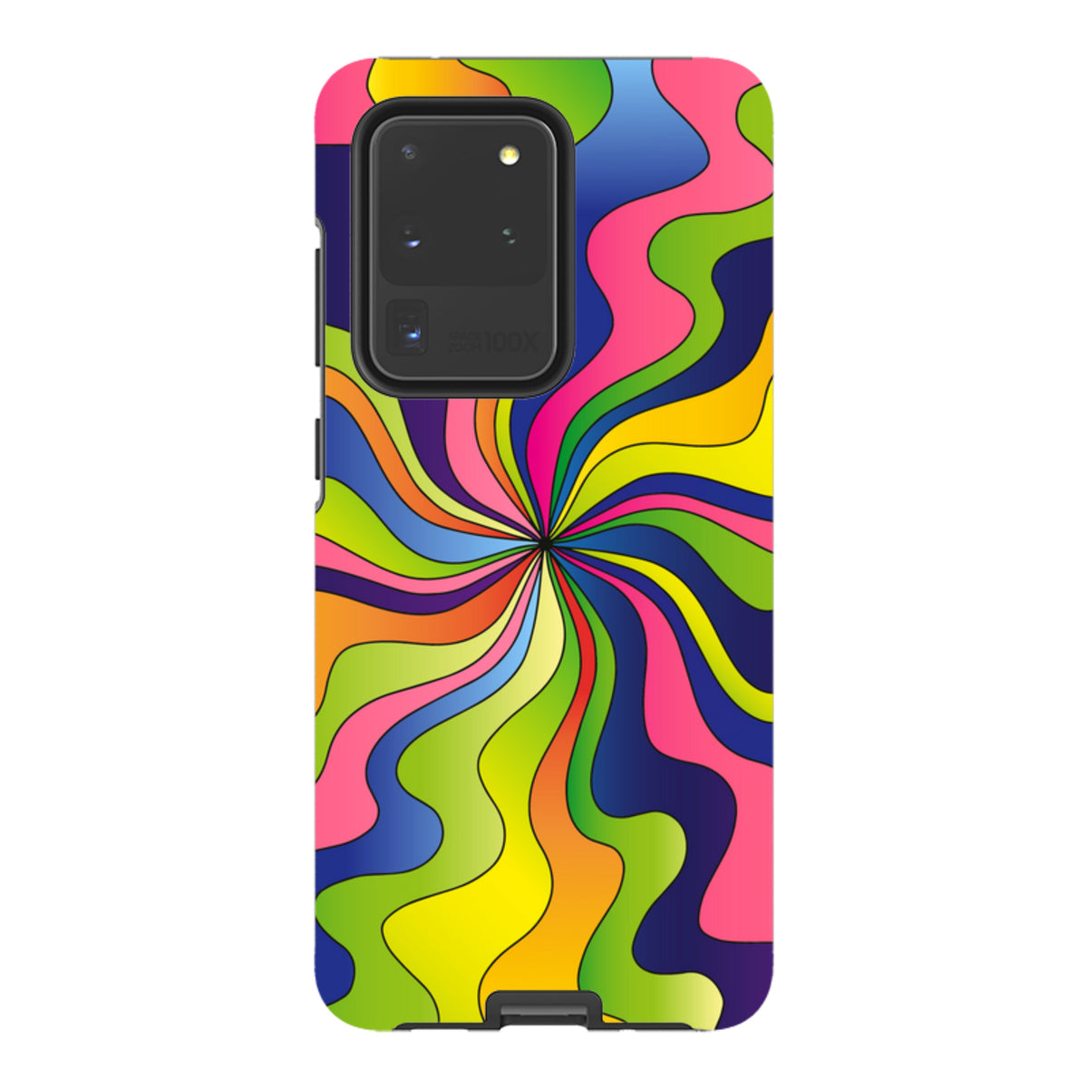Samsung Galaxy tough case featuring a vibrant, multi-colored psychedelic swirl pattern with a protective dual-layer design.
