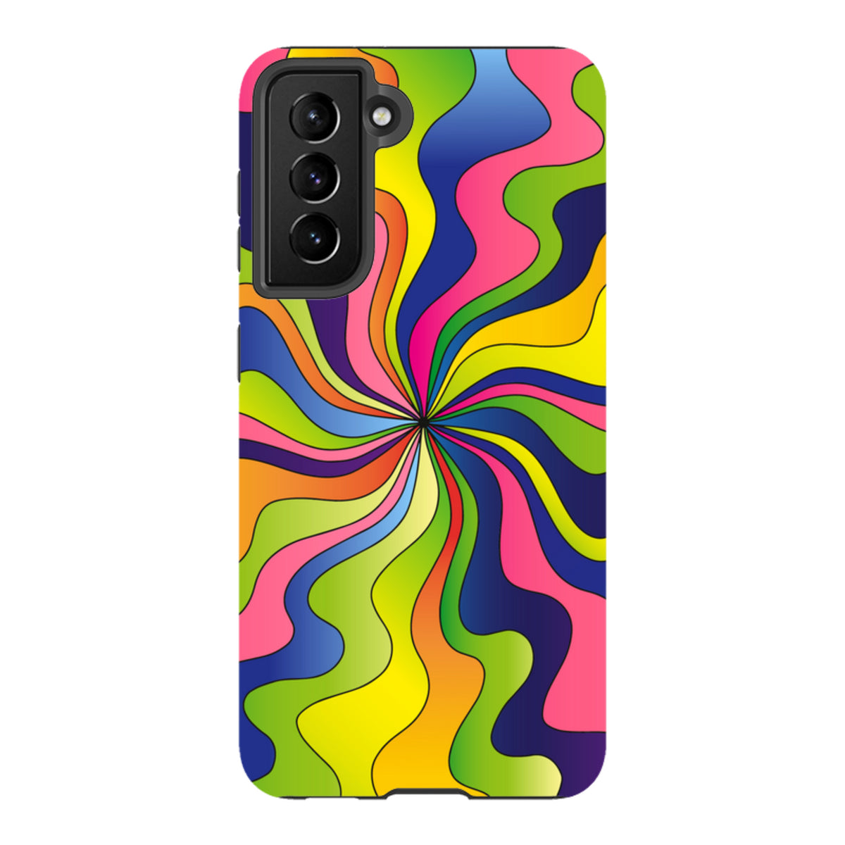 Samsung Tough Case with a vibrant, multi-colored psychedelic swirl pattern and black camera cutout protection.