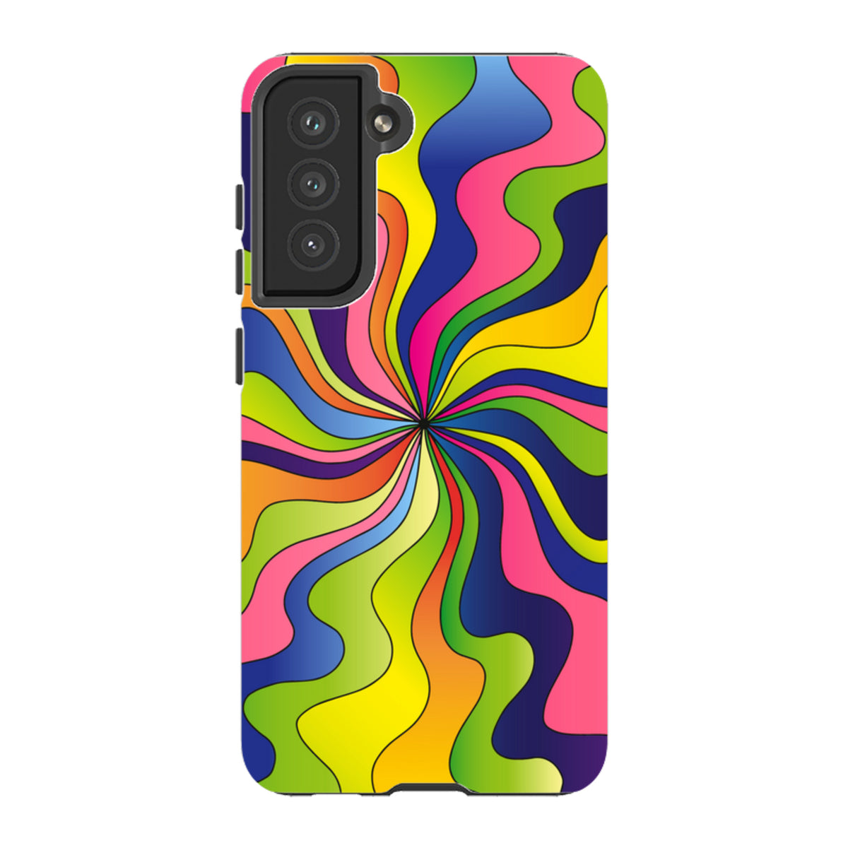 Samsung Galaxy tough case featuring a vibrant, multi-colored psychedelic swirl design with a protective dual-layer shell.