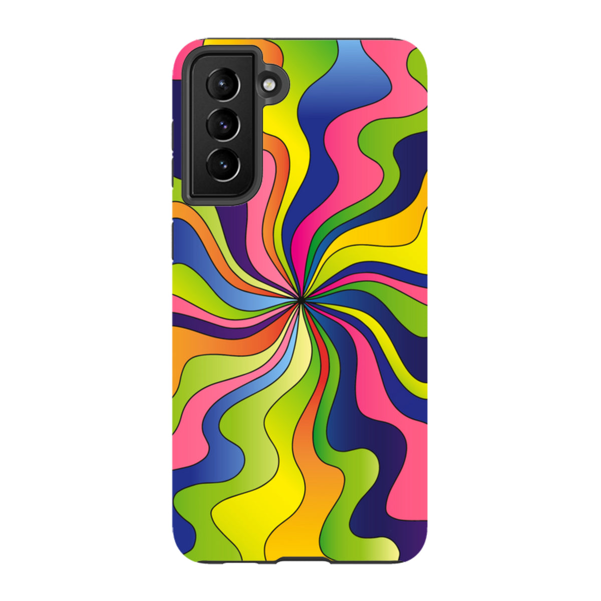 Samsung Galaxy tough case featuring a vibrant, multicolored psychedelic swirl design with a durable dual-layer finish.