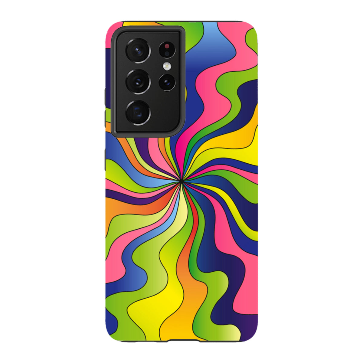 Samsung Galaxy tough case featuring a vibrant, multicolored psychedelic swirl design with a protective camera cutout.