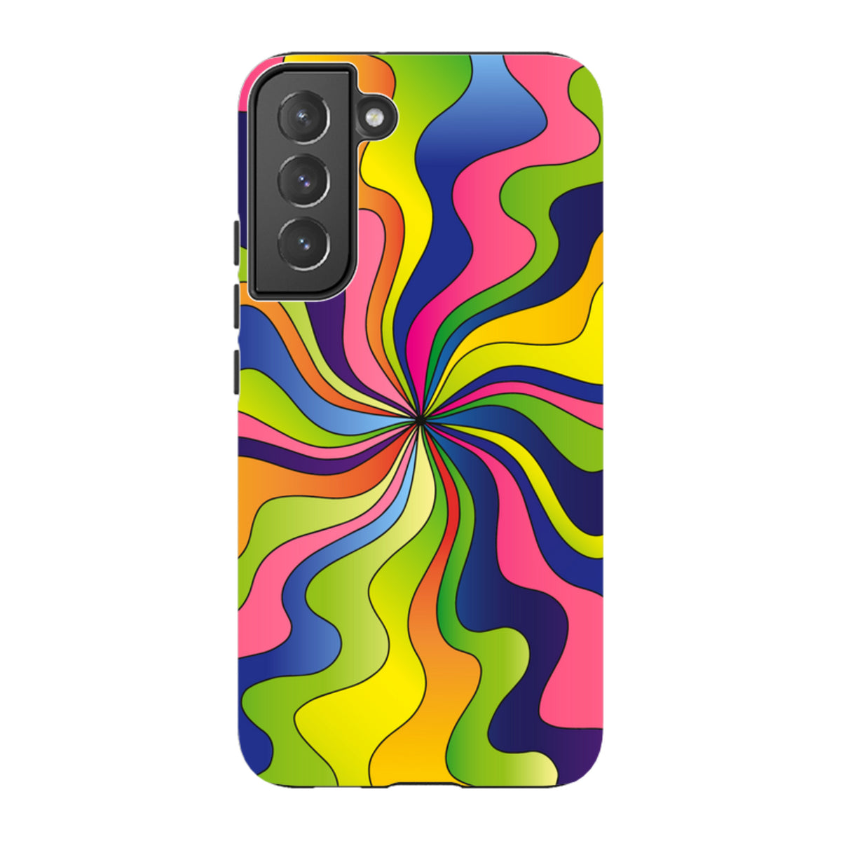 Samsung Galaxy tough case featuring a vibrant, multi-colored psychedelic swirl design with a protective camera cutout.