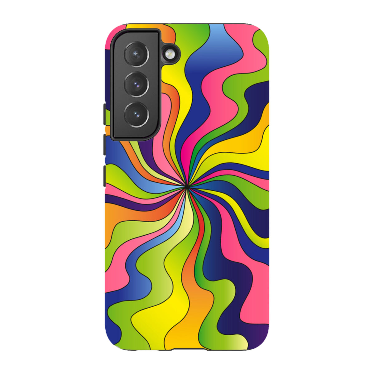 Samsung Galaxy tough case featuring a vibrant, multicolored psychedelic swirl design with a protective dual-layer finish.