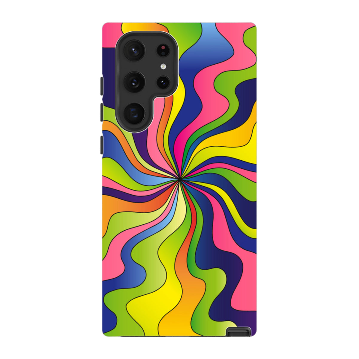 Samsung Galaxy tough case with a vibrant, multi-colored psychedelic swirl pattern and dual-layer protective design.