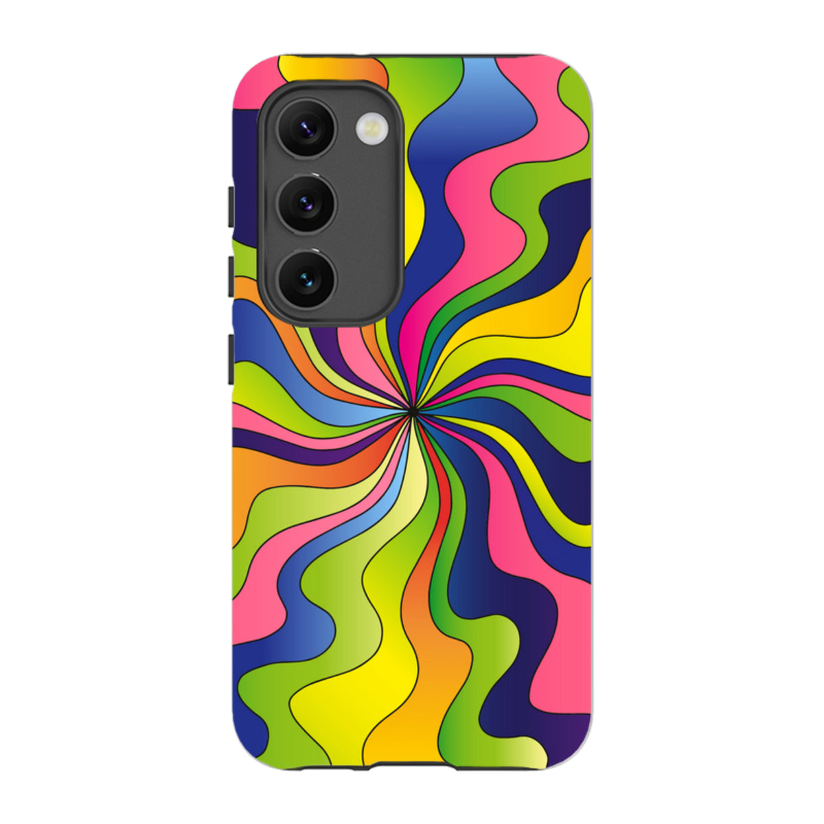 Samsung Galaxy tough case featuring a vibrant, multi-colored psychedelic swirl pattern with a protective dual-layer design.