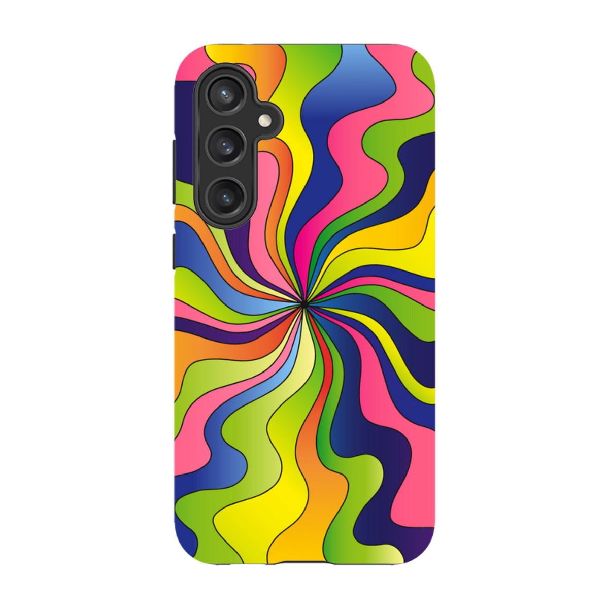 Samsung Galaxy tough case featuring a vibrant, multicolored psychedelic swirl pattern with a protective camera cutout.