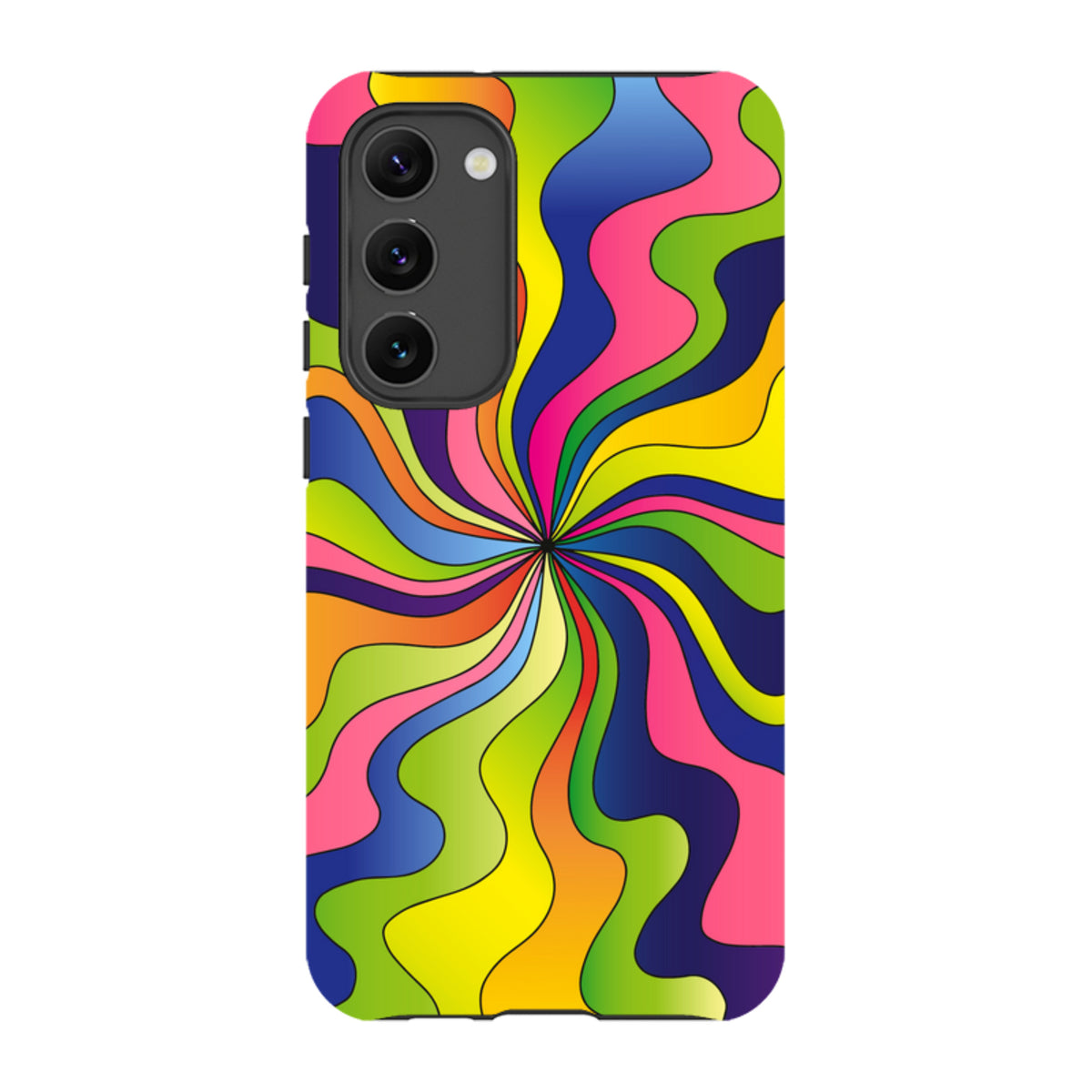 Samsung Galaxy tough case featuring a vibrant, multi-colored psychedelic swirl design with a protective dual-layer finish.