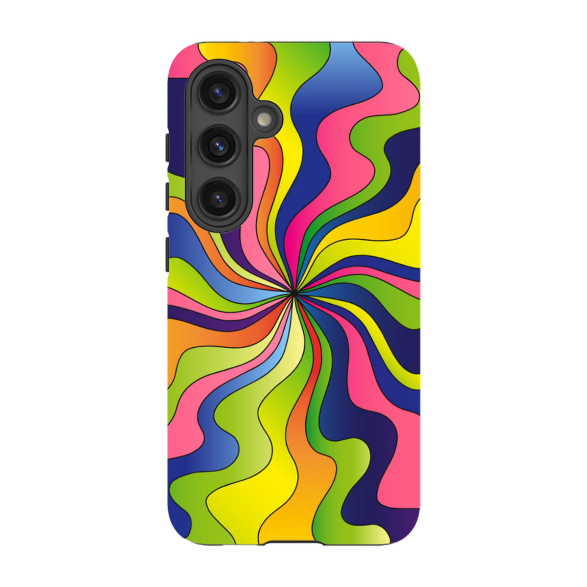 Samsung Galaxy tough case featuring a vibrant, multicolored psychedelic swirl pattern with a durable dual-layer design.