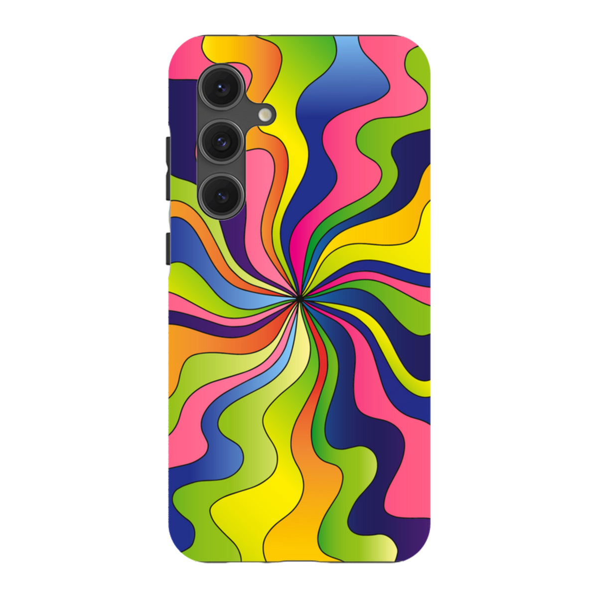 Samsung Galaxy tough case featuring a vibrant, multi-colored psychedelic swirl pattern with a protective dual-layer design.