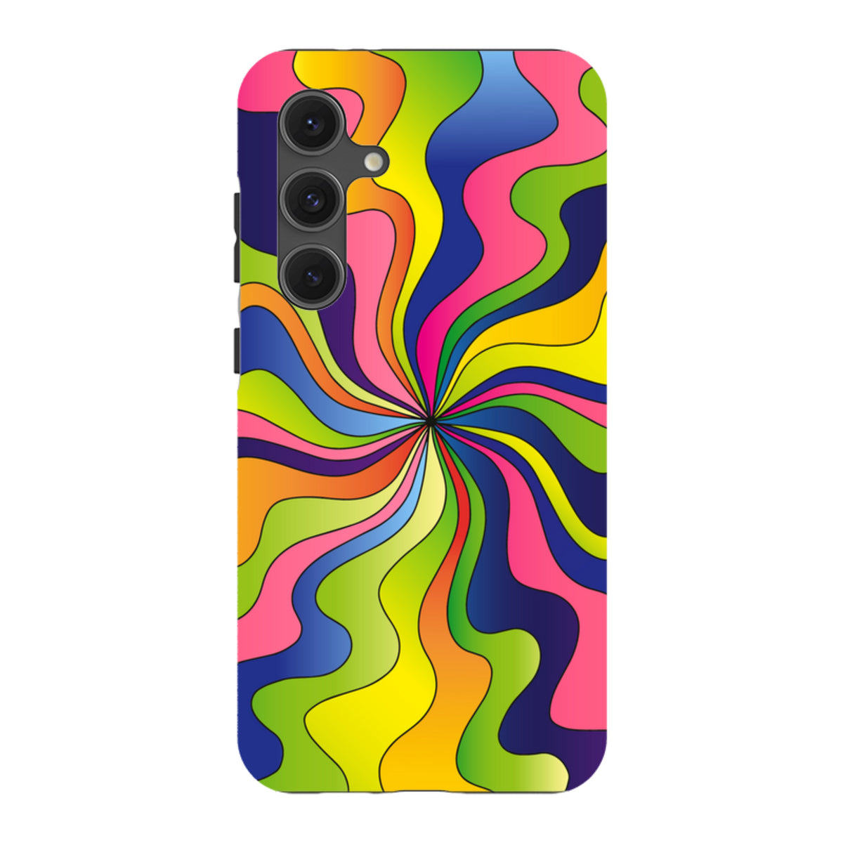 Samsung Galaxy tough case featuring a vibrant, multicolored psychedelic swirl design with a durable dual-layer finish.