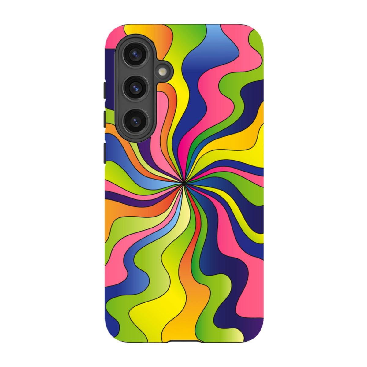 Samsung Tough Case in Cosmo design featuring a vibrant, multi-colored wavy spiral pattern on a durable dual-layer shell.
