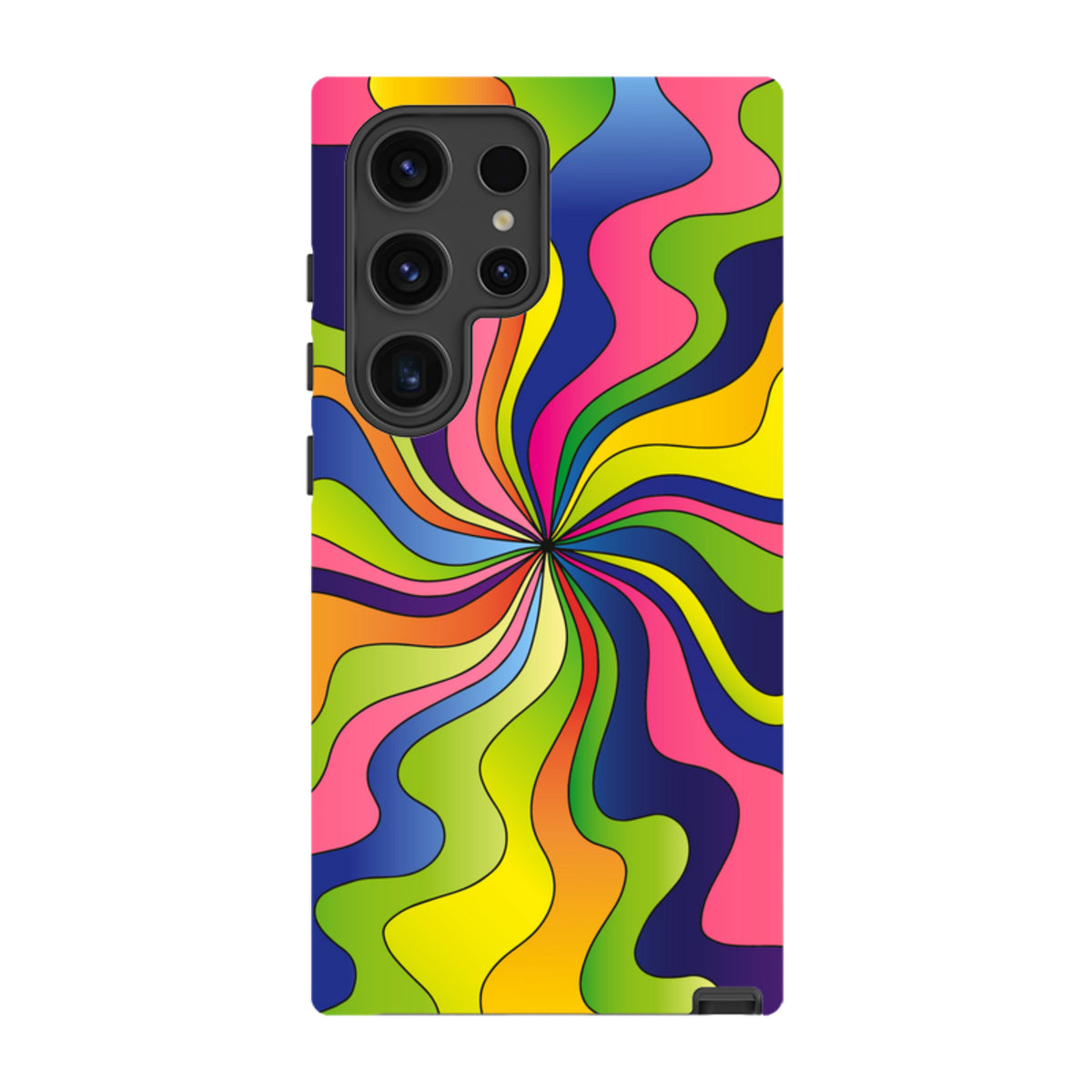 Samsung Galaxy tough case featuring a vibrant, multi-colored psychedelic swirl design with a durable dual-layer finish.