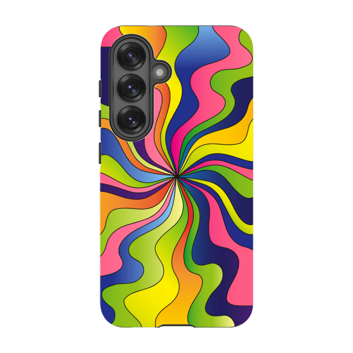 Samsung Galaxy tough case featuring a vibrant, multicolored psychedelic swirl design with a protective dual-layer finish.