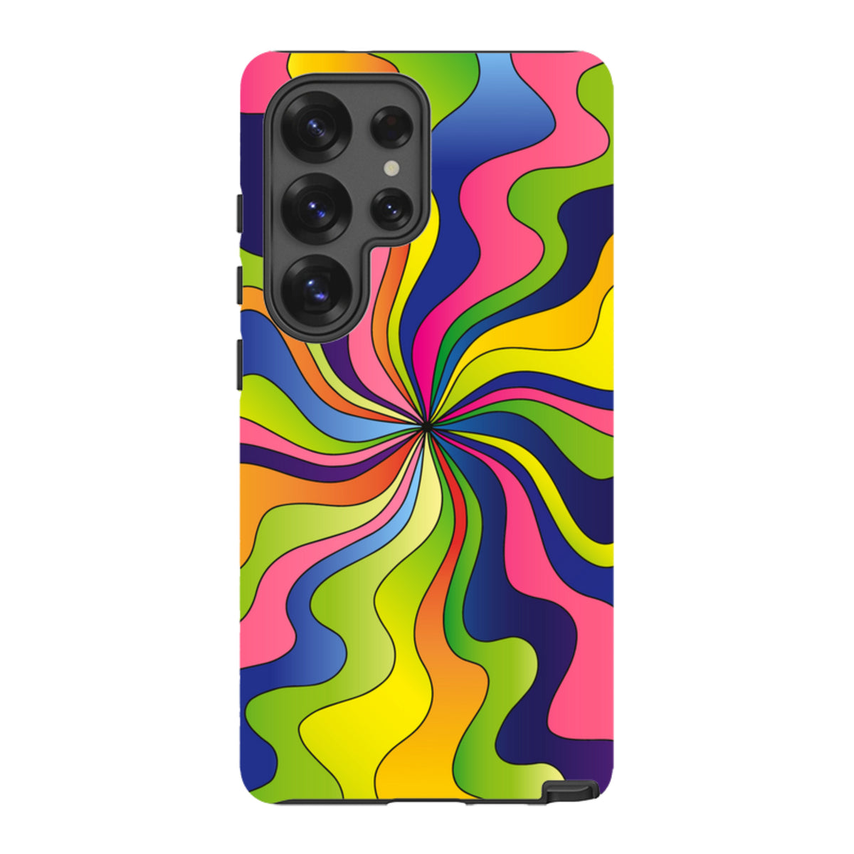 Samsung Tough Case in Cosmo design featuring a vibrant, multi-colored psychedelic swirl pattern on a durable phone cover.