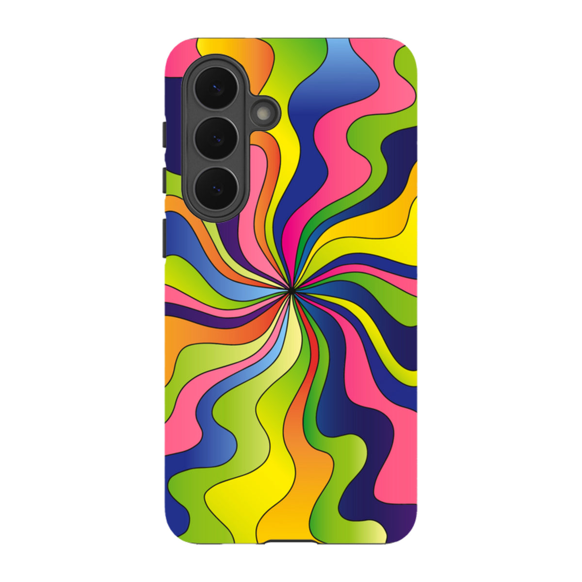 Samsung Tough Case in Cosmo design featuring a vibrant, multi-colored psychedelic swirl pattern on a durable phone cover.
