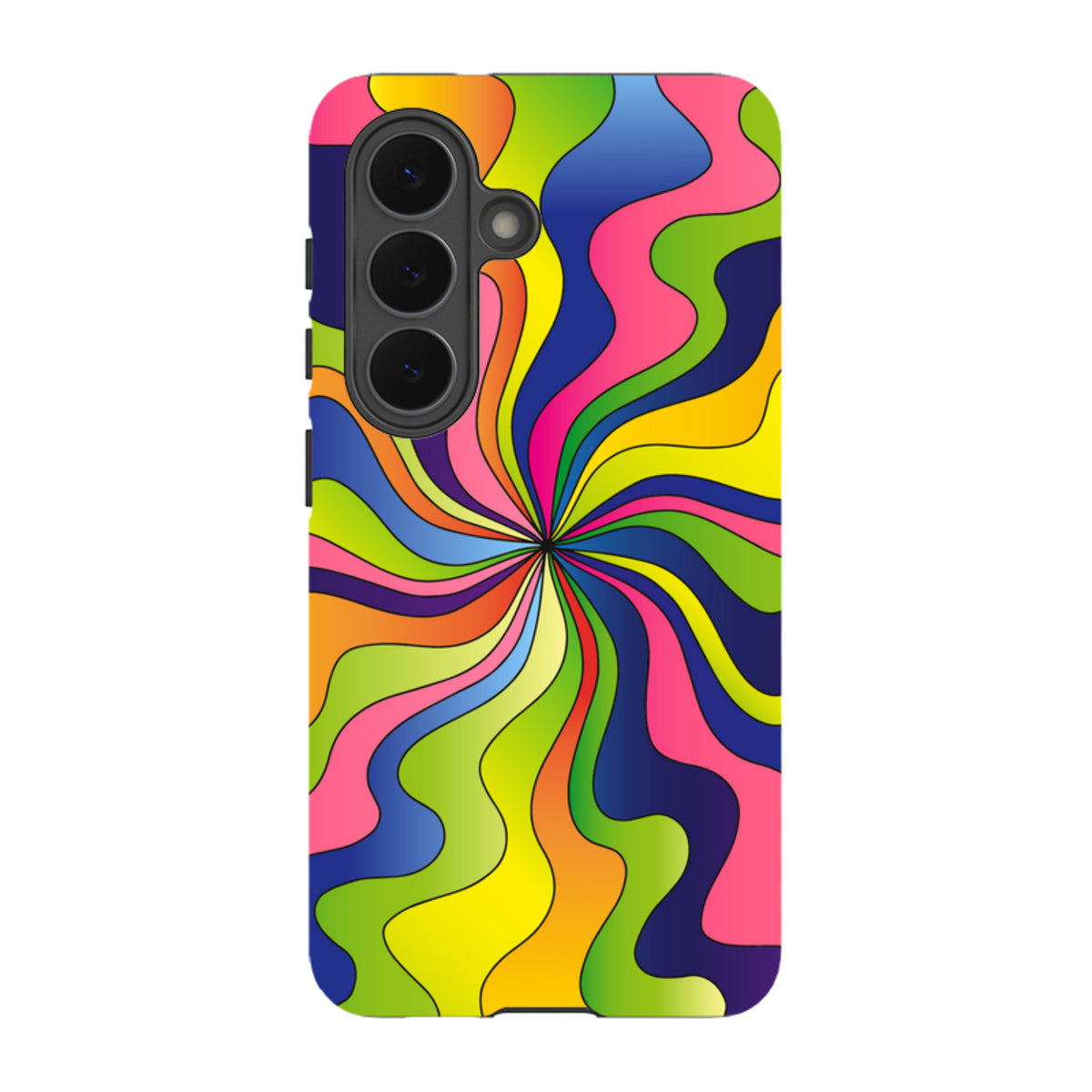 Samsung Galaxy tough case featuring a vibrant, multi-colored psychedelic swirl design with a durable dual-layer finish.