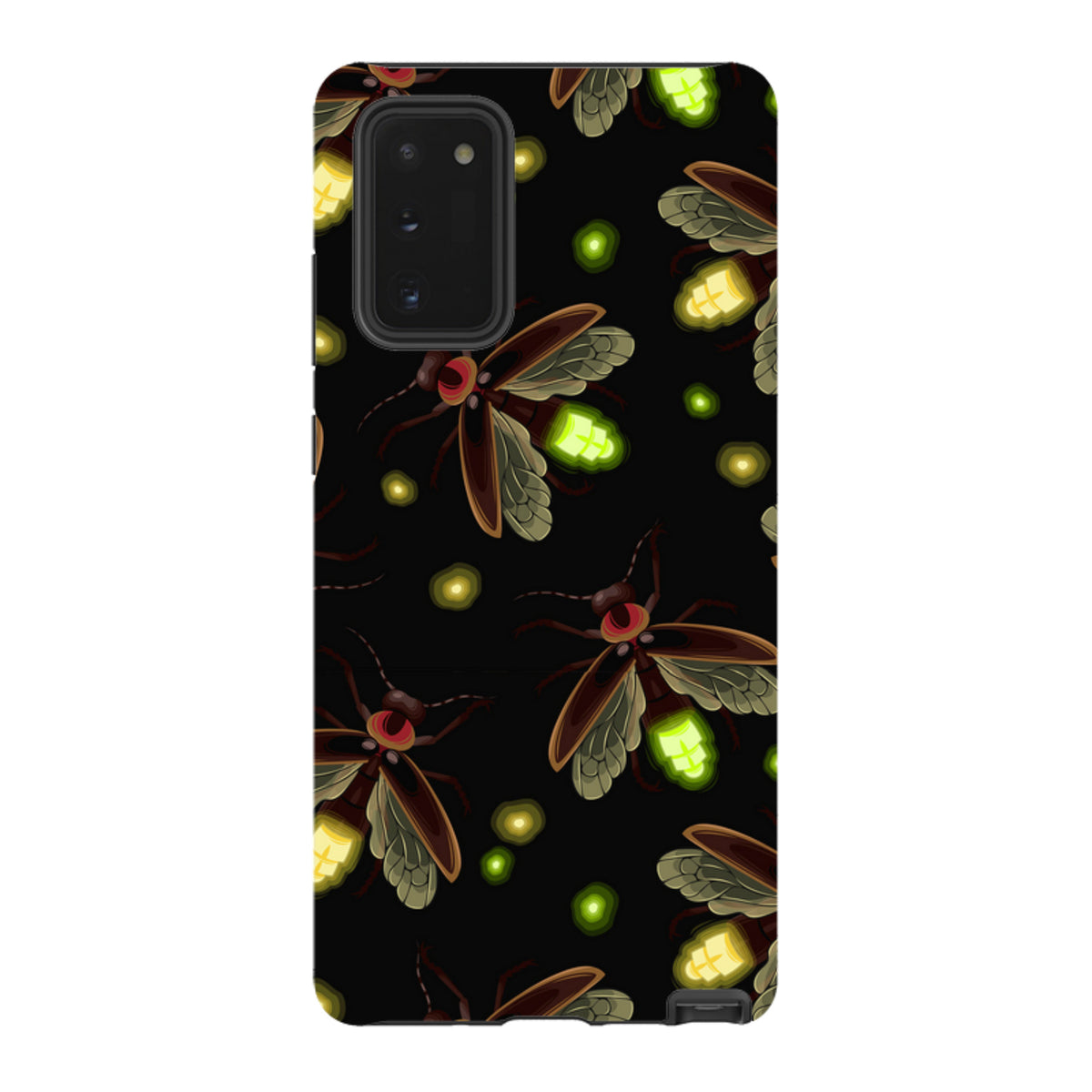 Samsung Tough Case featuring a black background with glowing firefly illustrations and a durable dual-layer design.