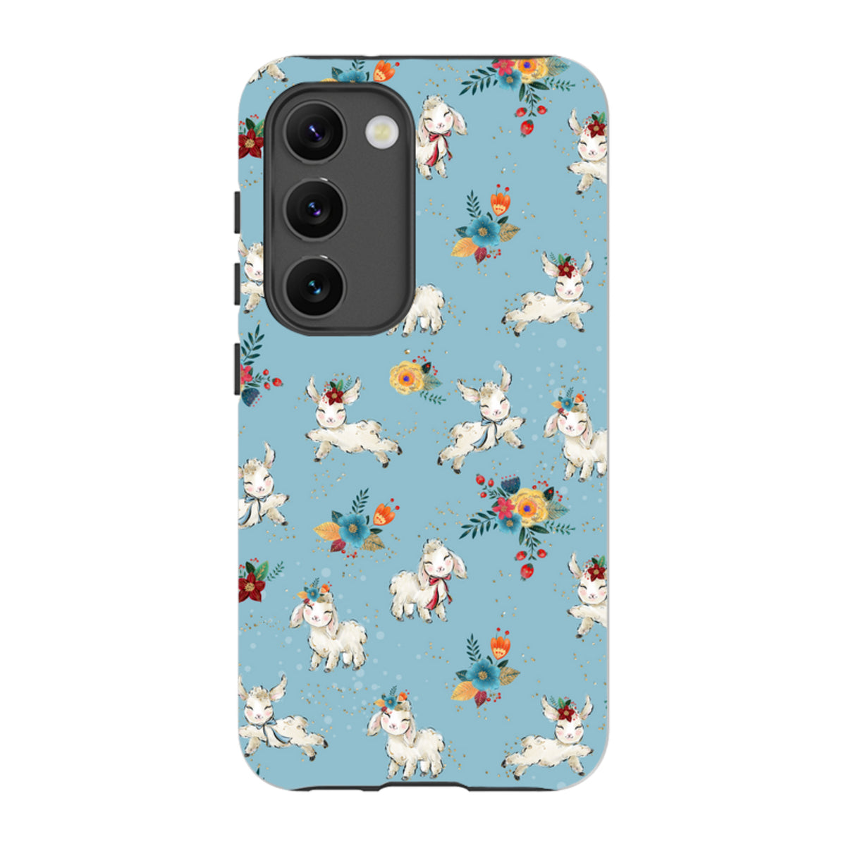 Samsung tough phone case with a light blue background featuring a cute pattern of lambs, flowers, and gold speckles.