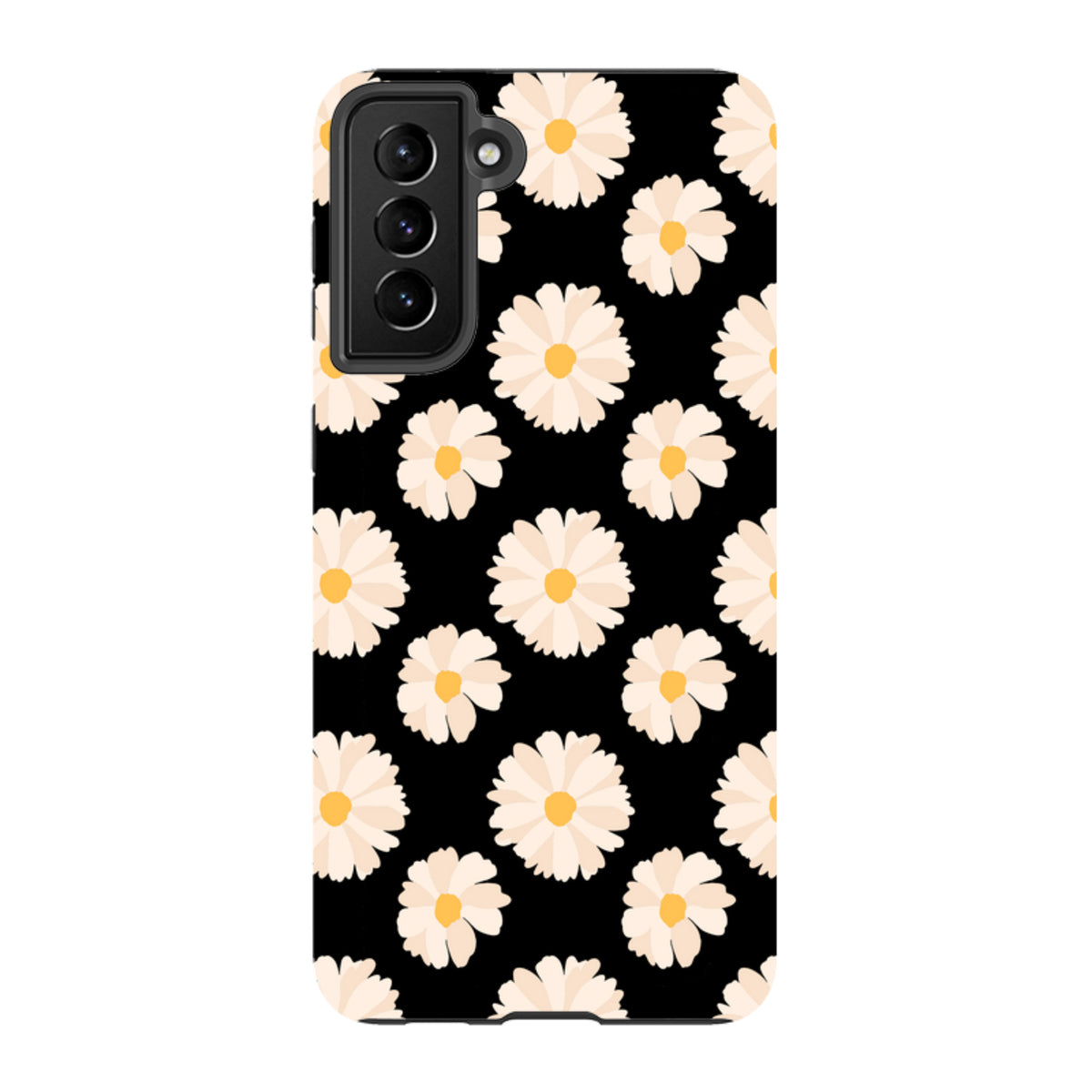 Samsung Galaxy tough case featuring a white daisy floral pattern on a black background with a triple-lens camera cutout.