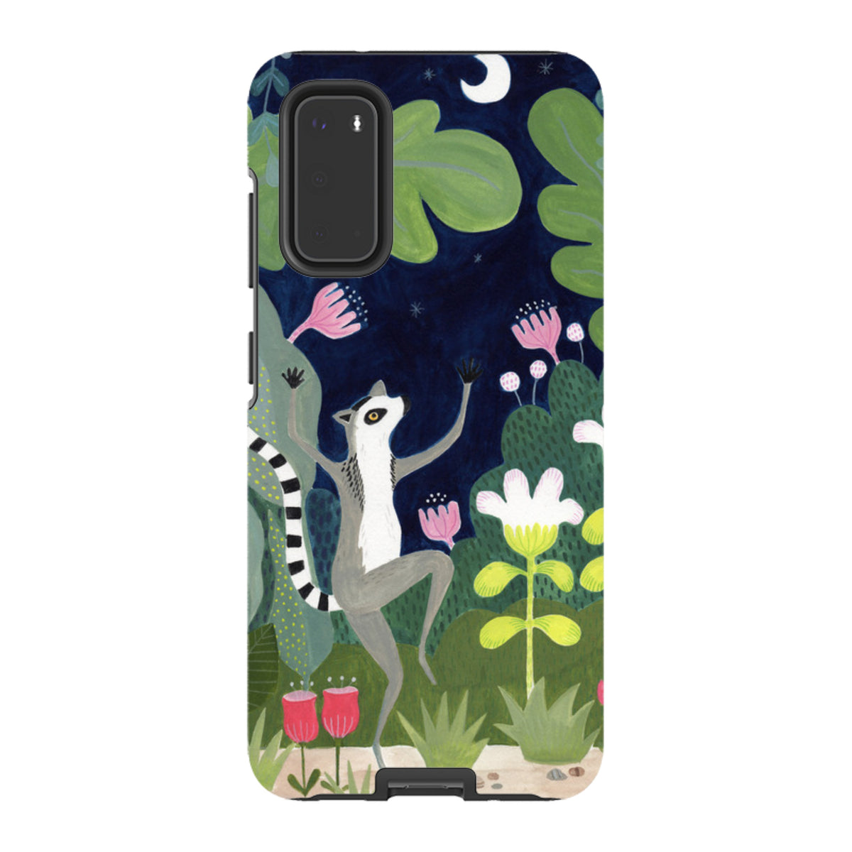 Samsung Tough Case featuring a dancing lemur in a whimsical night garden with vibrant flowers and a crescent moon.