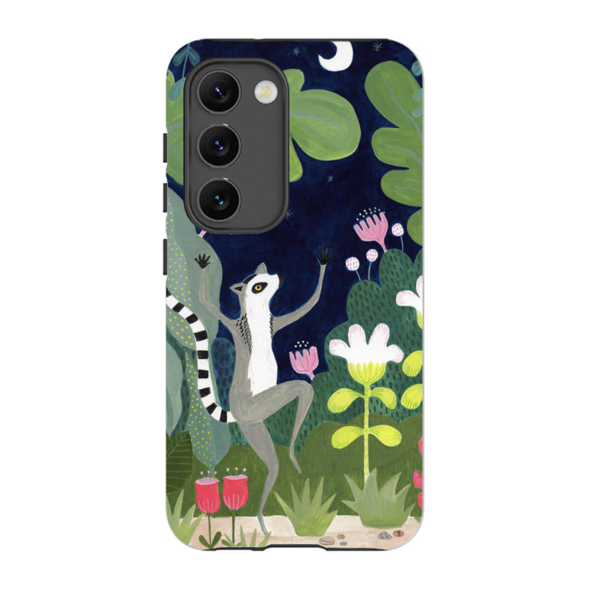 Samsung Tough Case featuring a dancing lemur in a whimsical night garden with vibrant flowers and a crescent moon.