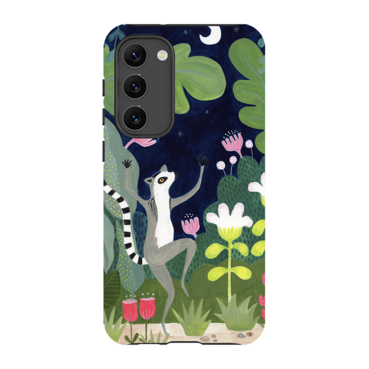 Samsung Tough Case featuring a dancing lemur in a whimsical night garden with vibrant flowers and a crescent moon.