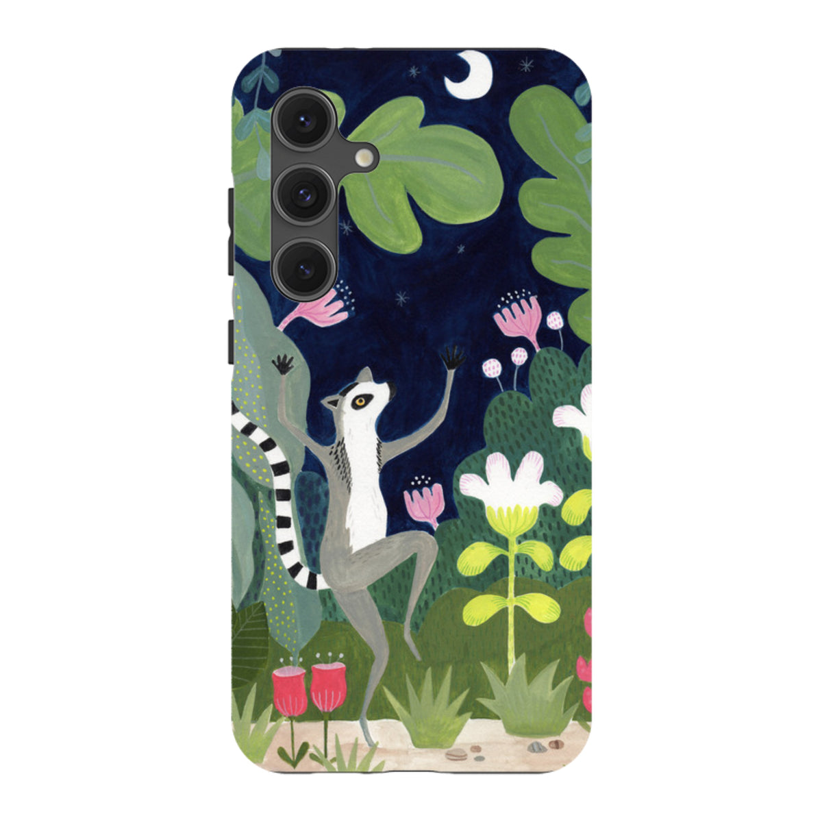 Samsung Tough Case featuring a dancing lemur in a whimsical night garden with vibrant flowers and a crescent moon.