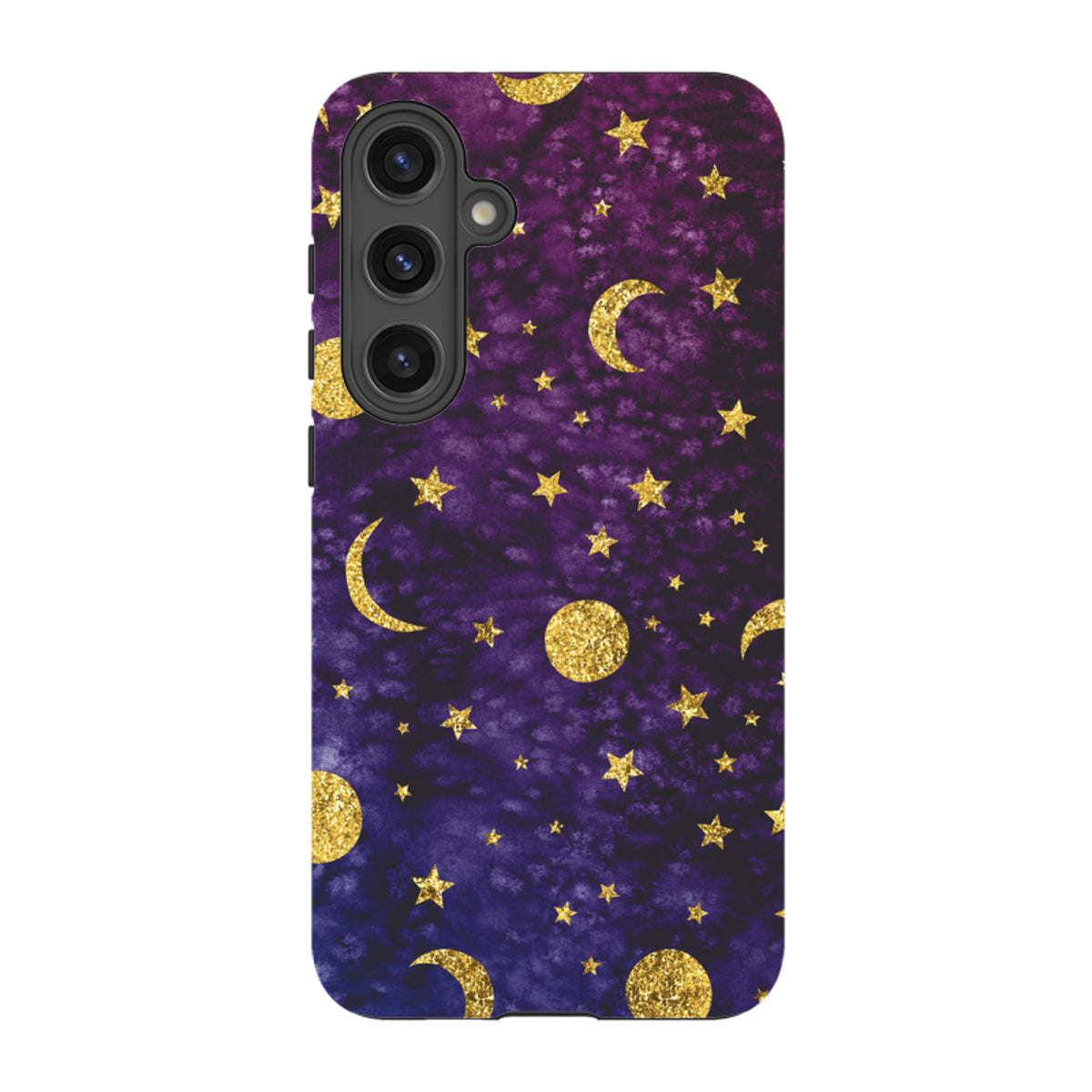 Samsung Tough Case featuring a purple watercolor night sky with gold glitter stars and crescent moons.