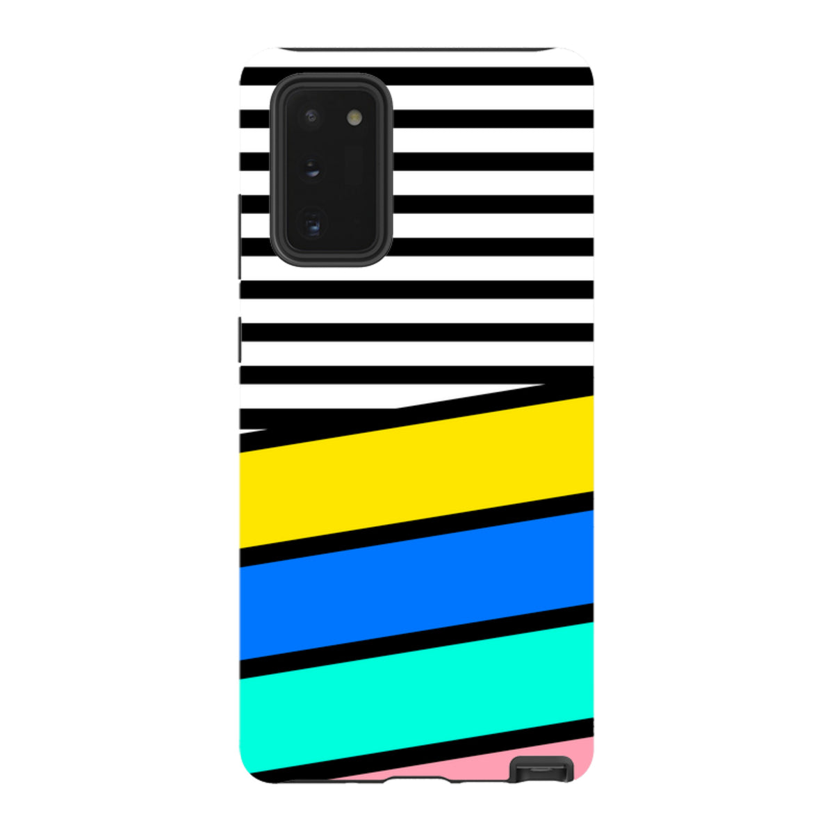 Samsung Tough Case featuring a Memphis-style design with black stripes, yellow, blue, teal, and pink geometric blocks.