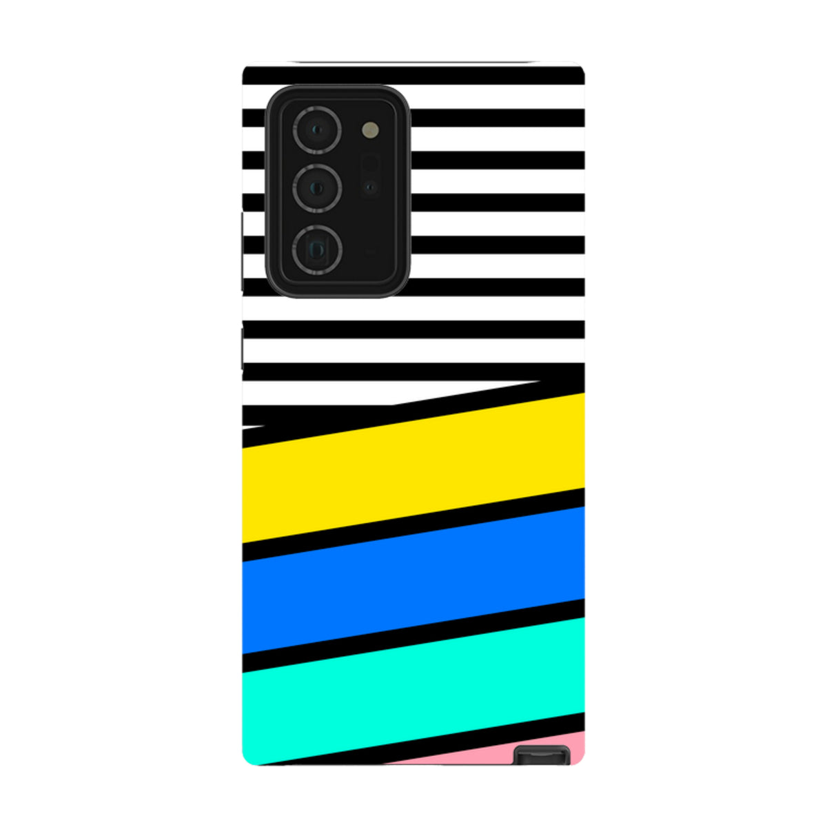 Samsung Tough Case featuring a black and white striped top with diagonal yellow, blue, and teal Memphis-style stripes.