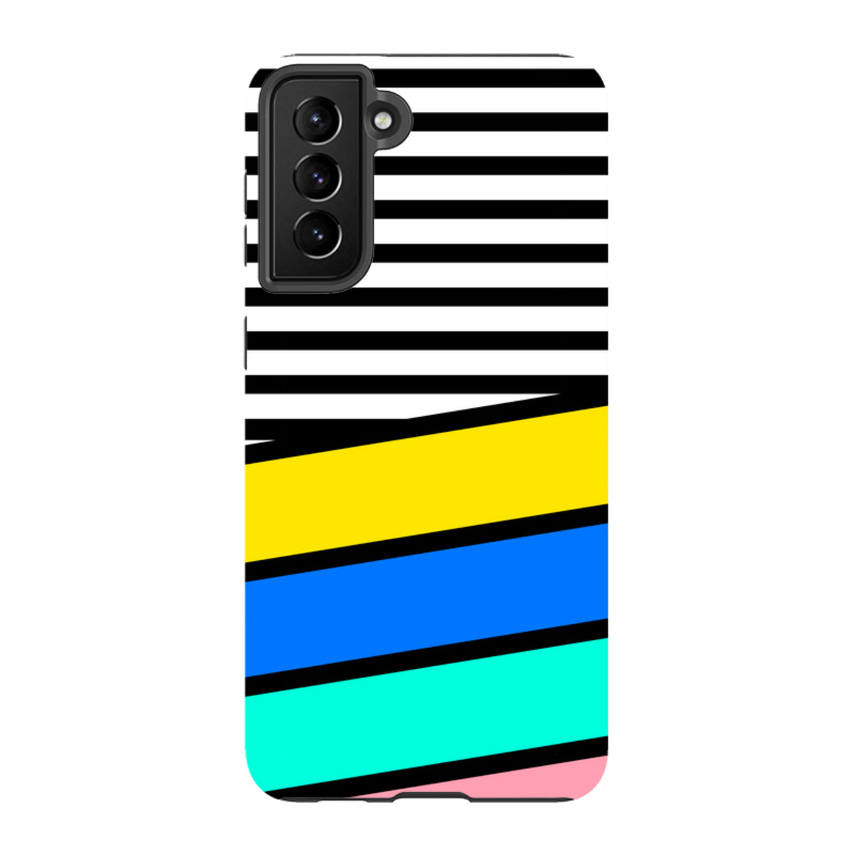 Samsung Tough Case featuring a Memphis-style design with black stripes, yellow, blue, teal, and pink geometric bands.