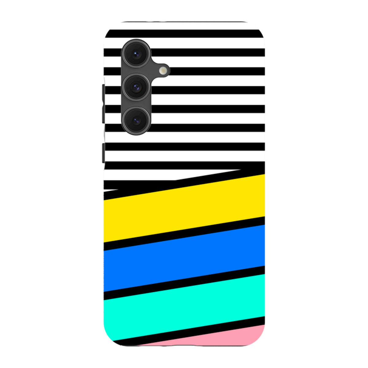 Samsung Tough Case featuring a Memphis-style design with black-and-white stripes, yellow, blue, teal, and pink accents.