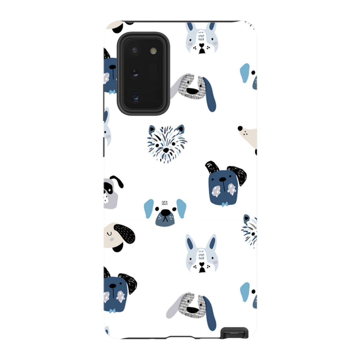 Samsung Galaxy tough case with a white background and a playful blue and grey illustrated dog pattern.