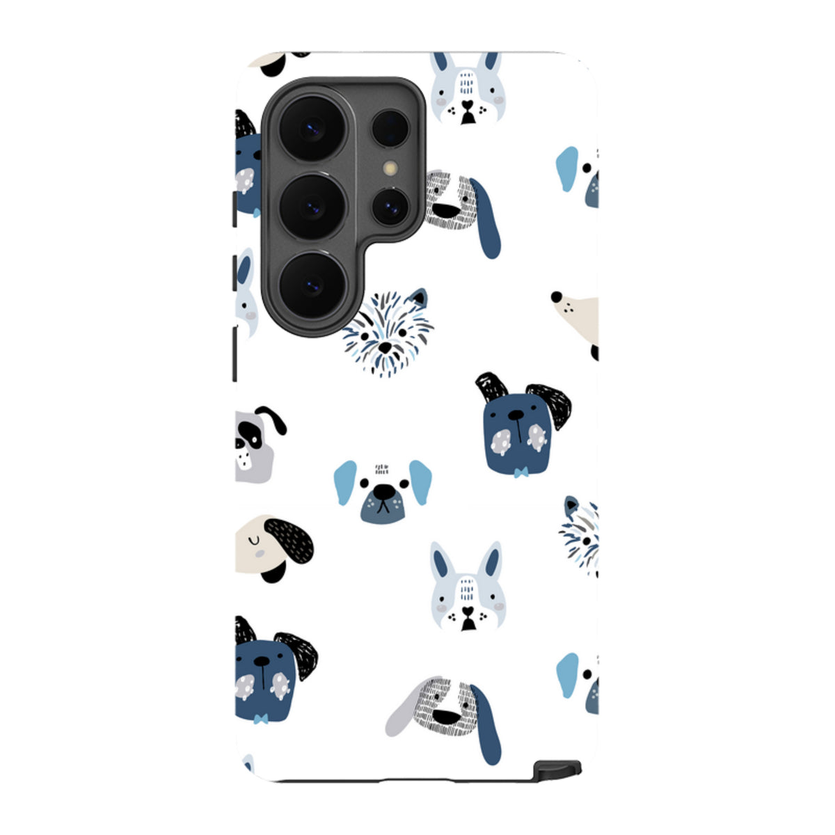 Samsung Galaxy tough case featuring a white background with a playful, blue and black illustrated dog pattern.