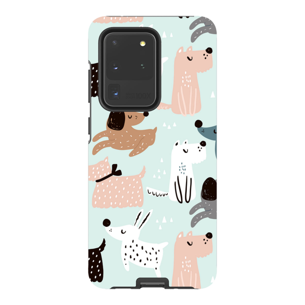 Samsung Tough Case with a light blue background and a playful, colorful pattern of various illustrated dog breeds.