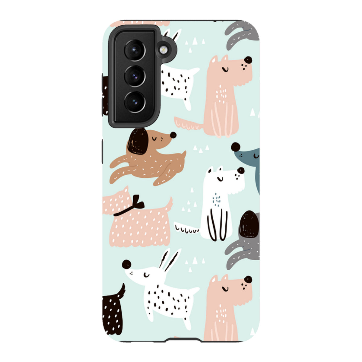 Samsung Tough Case featuring a playful Dogs World pattern with colorful illustrated dogs on a light blue background.