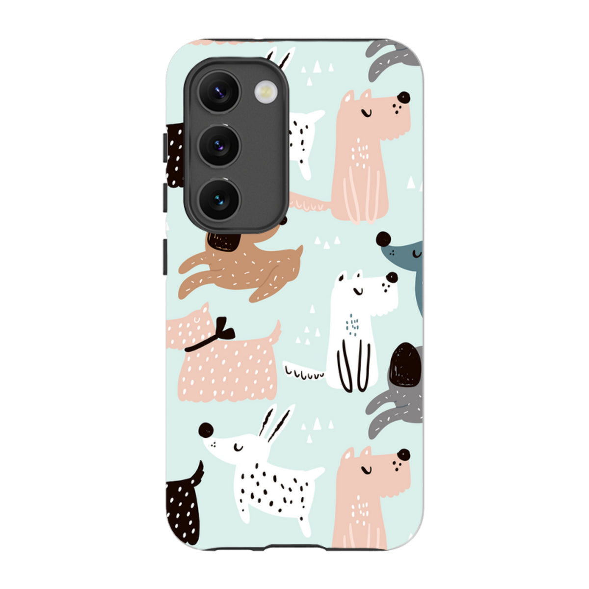 Samsung Tough Case featuring a playful Dogs World pattern with colorful illustrated dogs on a light blue background.