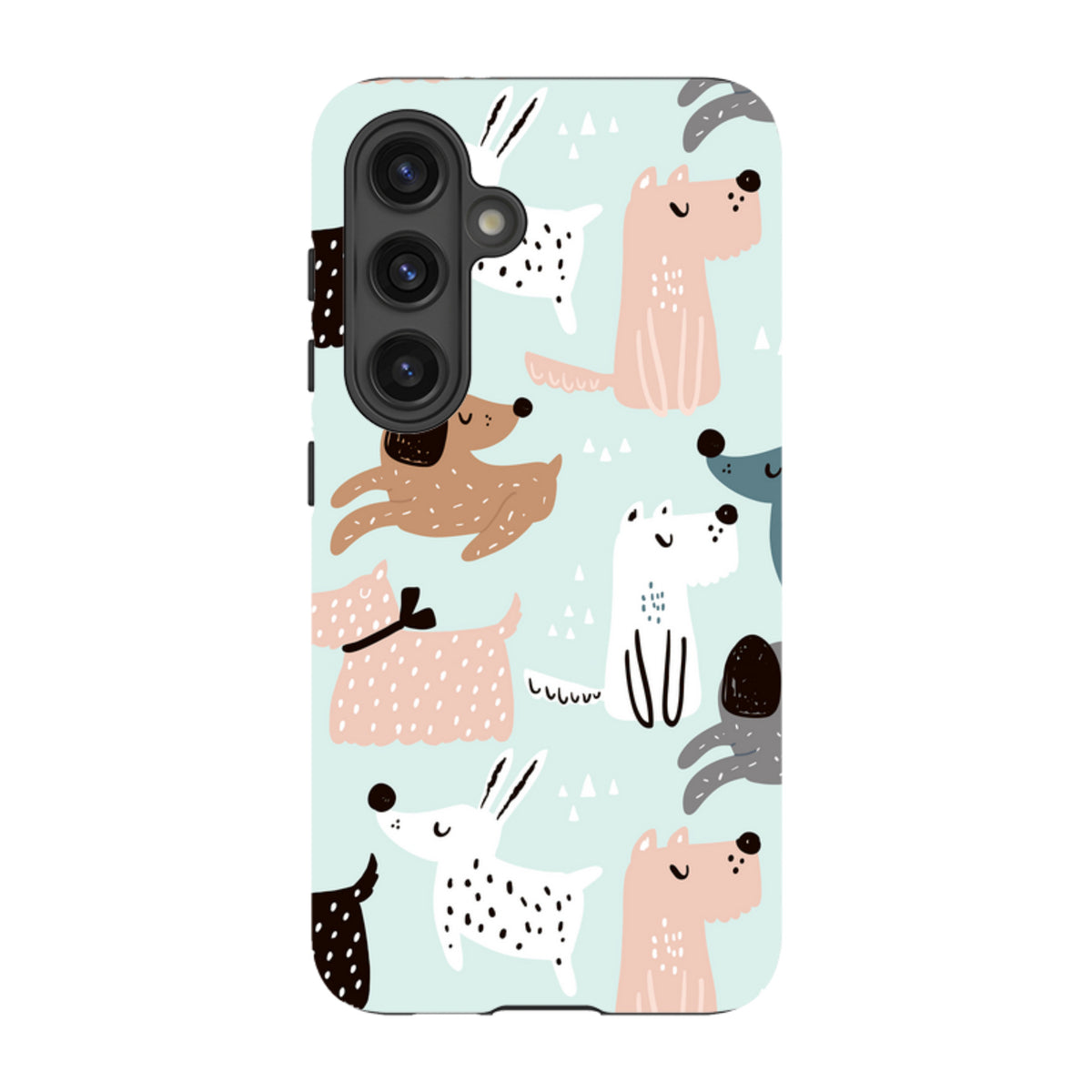 Samsung Tough Case featuring a playful pattern of colorful cartoon dogs on a light blue background.