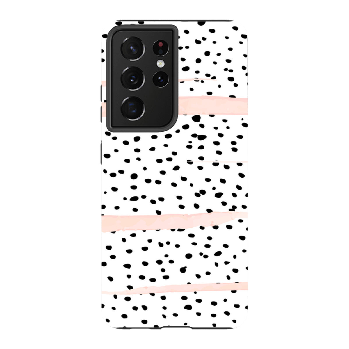 Samsung Tough Case featuring a white background with black polka dots and horizontal blush pink brush strokes.