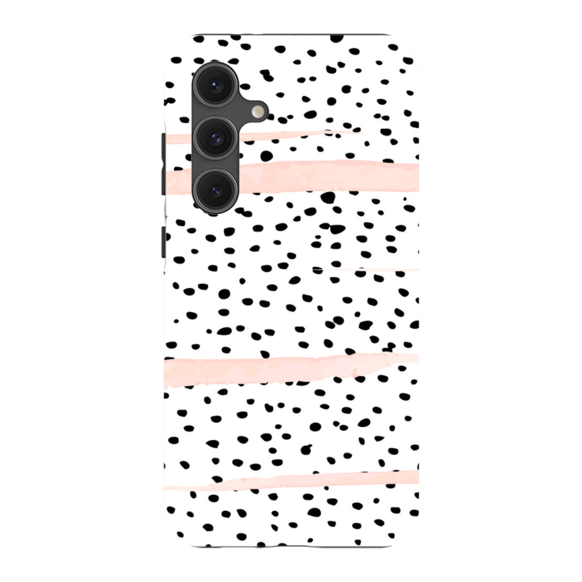 Samsung tough phone case featuring a white background with black polka dots and horizontal blush pink brush strokes.