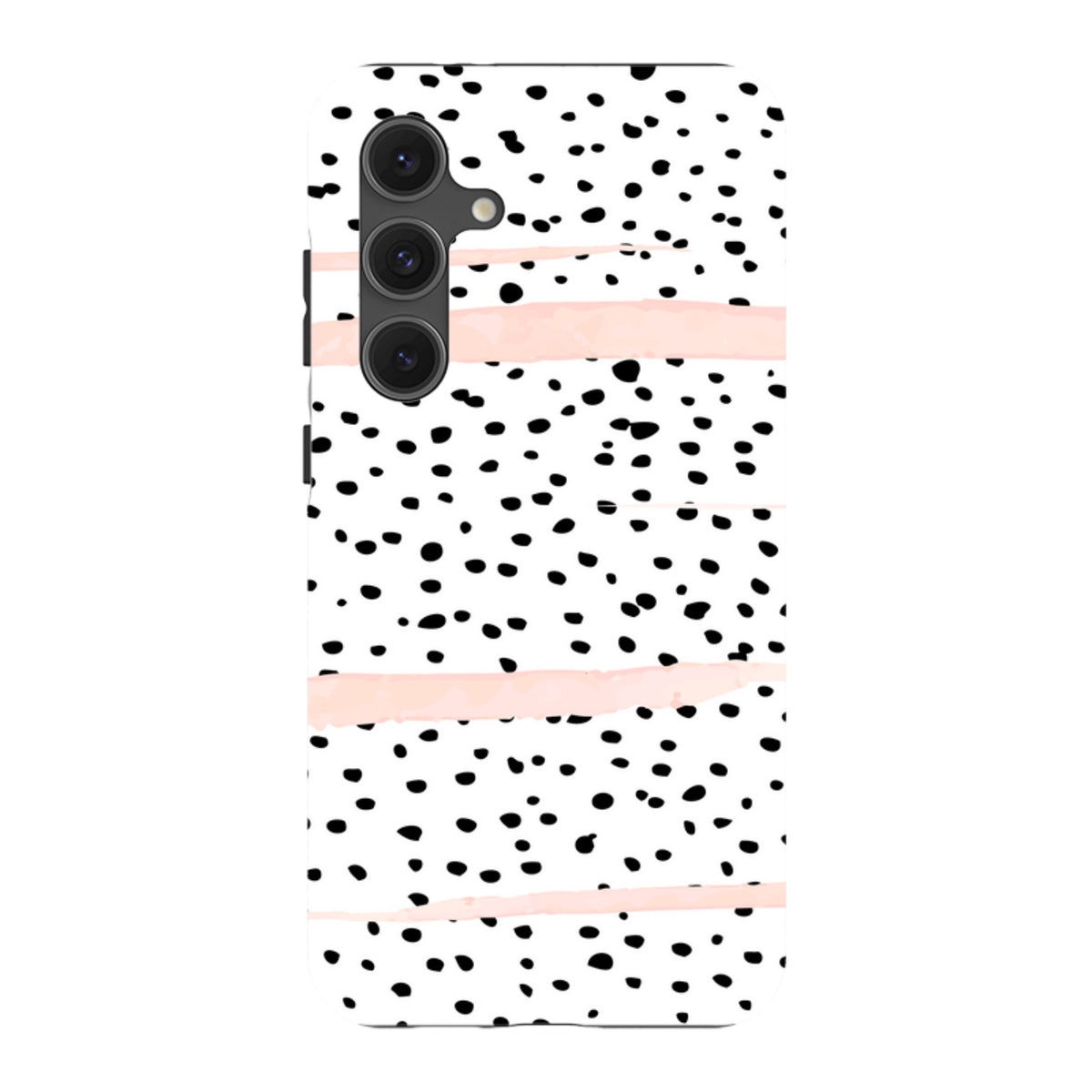 Samsung Galaxy tough case with black polka dots and blush pink brushstrokes on a white background.