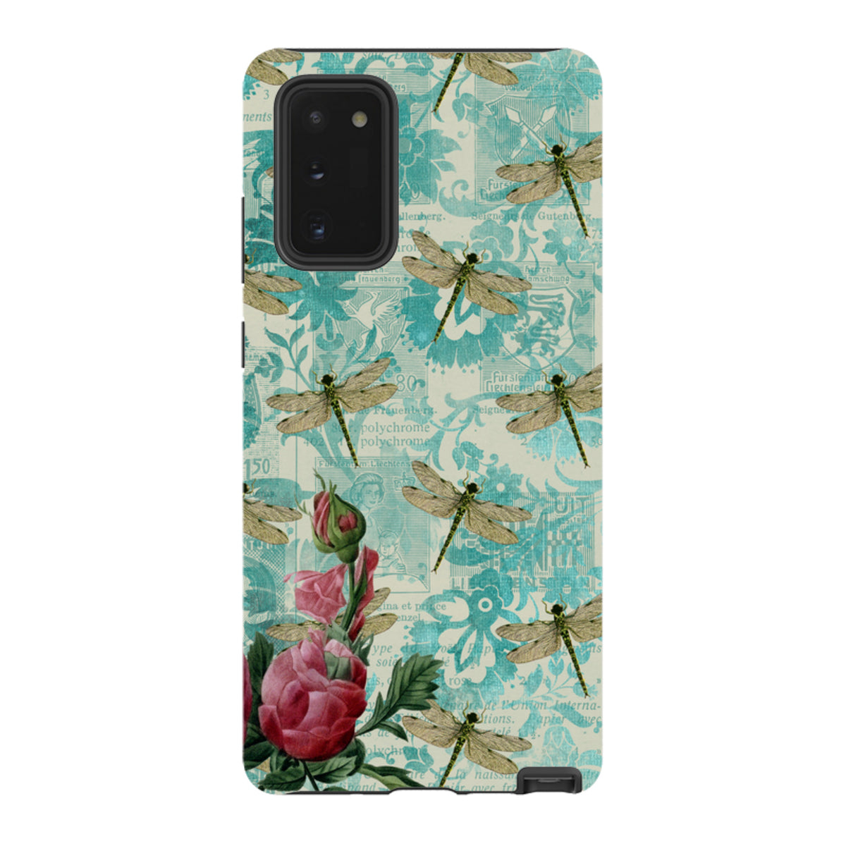 Samsung Tough Case featuring a teal vintage collage background with dragonflies and pink rose blossoms.