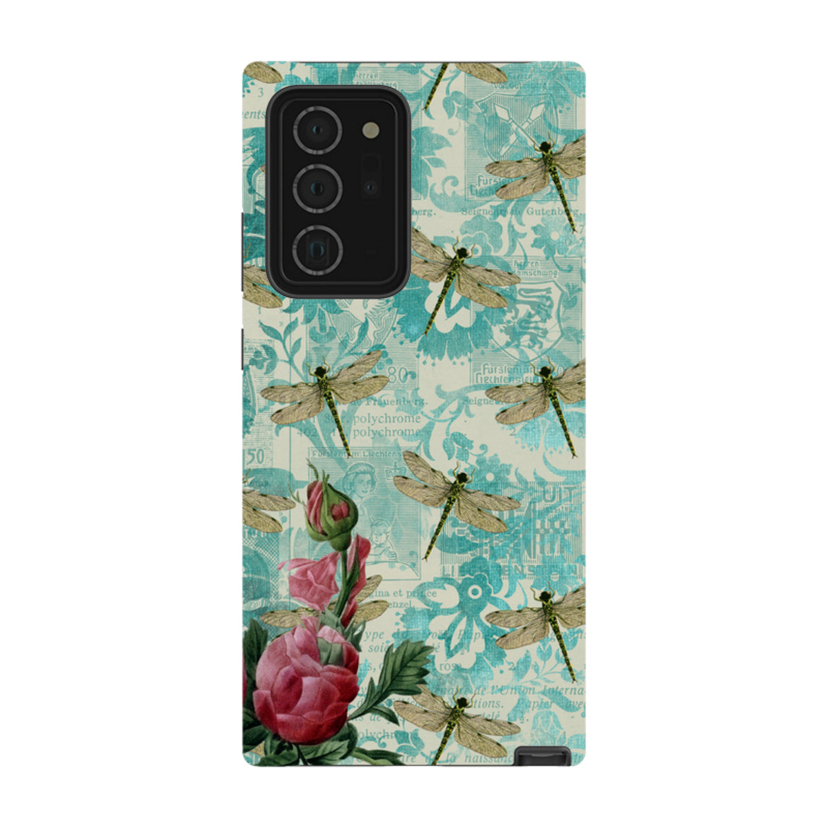 Samsung Tough Case featuring a vintage teal collage, dragonflies, and pink rose art with a durable dual-layer design.