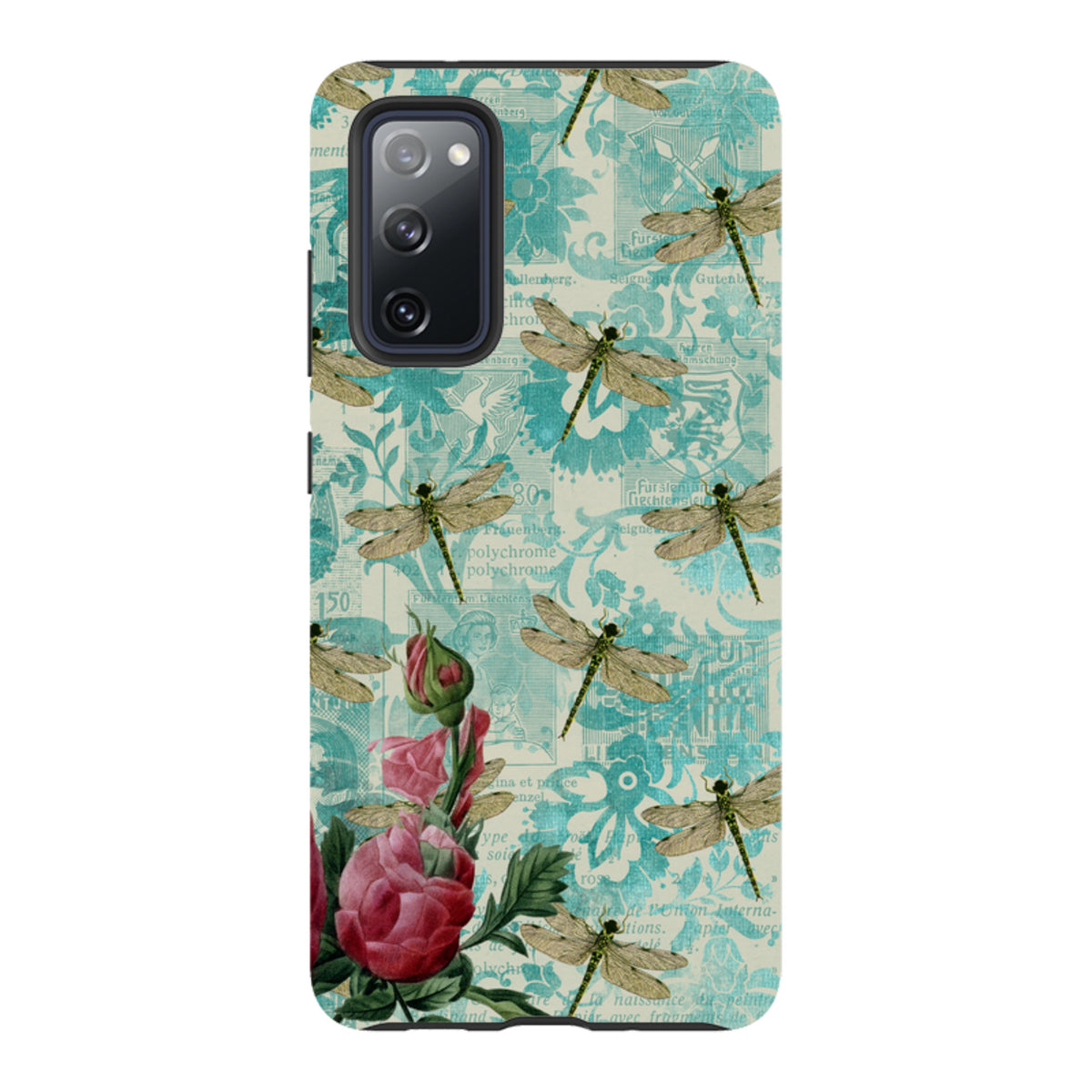 Samsung Galaxy tough case featuring a teal vintage collage background with dragonflies and pink rose illustrations.
