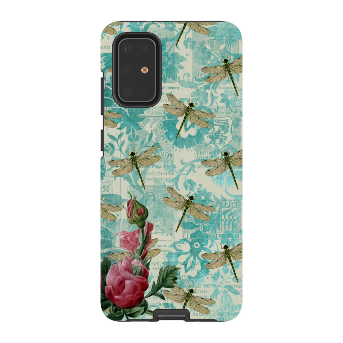 Samsung Tough Case featuring a vintage teal dragonfly and floral collage design with a durable dual-layer construction.