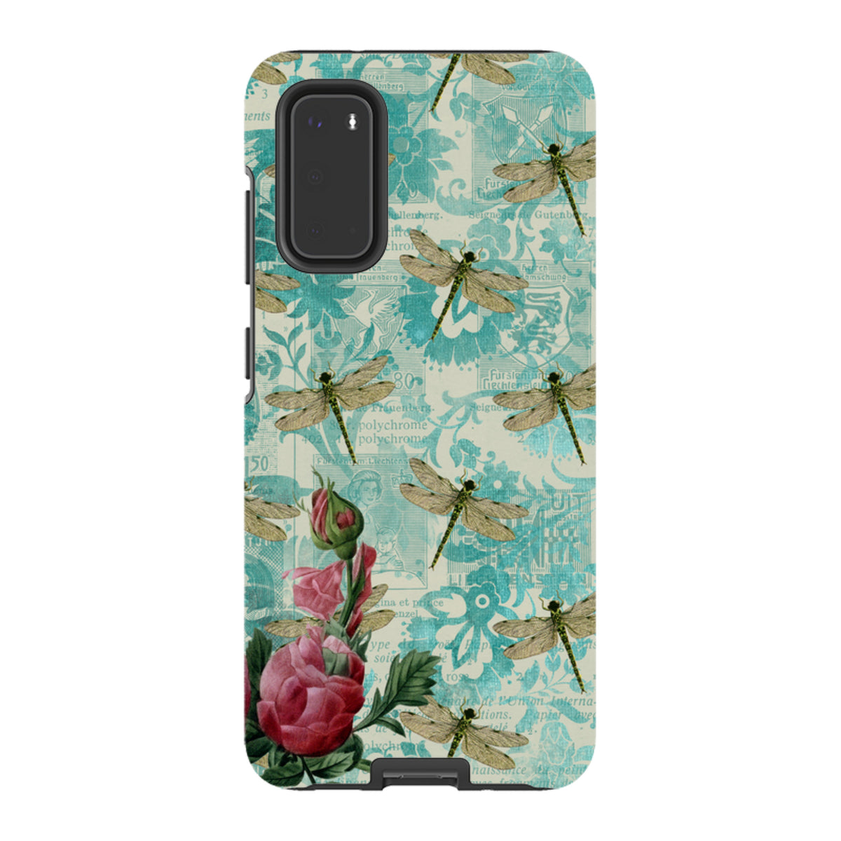 Samsung Tough Case featuring a vintage teal dragonfly and floral pattern with a dual-layer protective design.