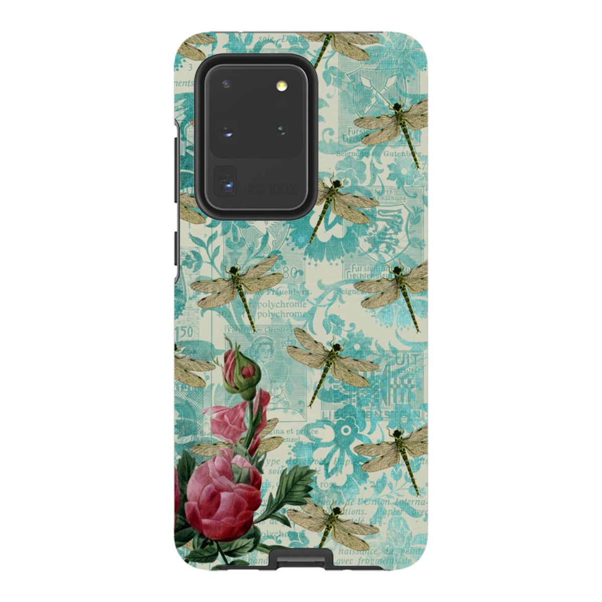 Samsung Tough Case featuring a vintage teal dragonfly and rose collage print with a durable dual-layer protective shell.