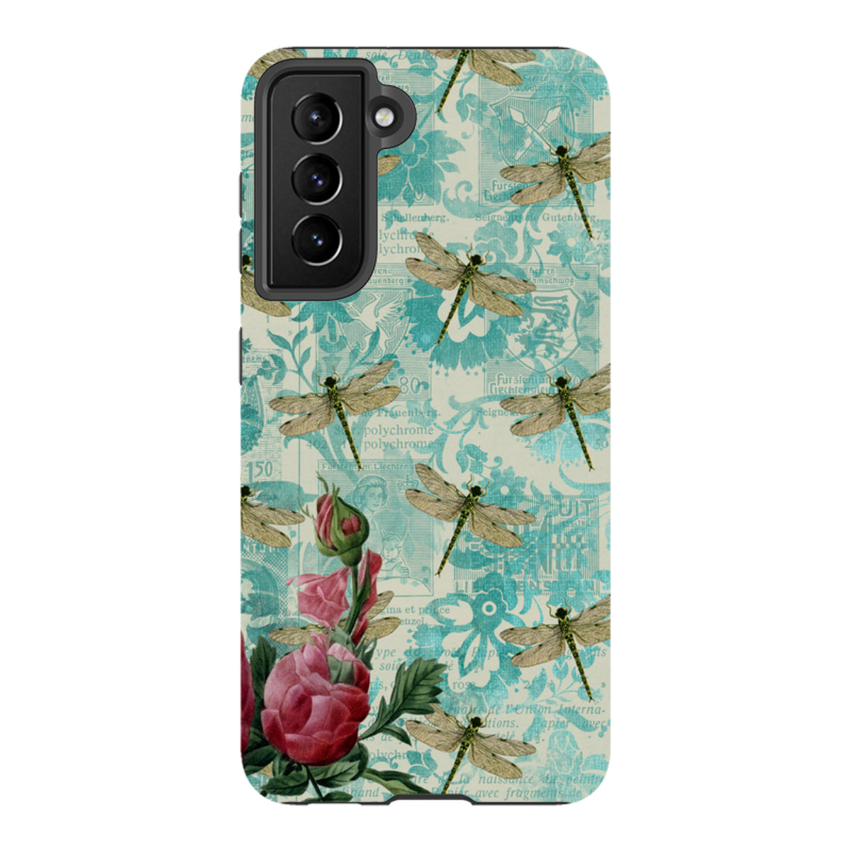 Samsung Tough Case featuring a vintage dragonfly and rose collage design on a teal, patterned background.