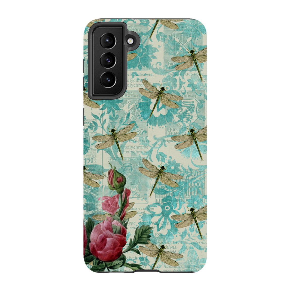 Samsung Tough Case featuring a teal vintage collage background with dragonflies and pink roses for Galaxy phones.