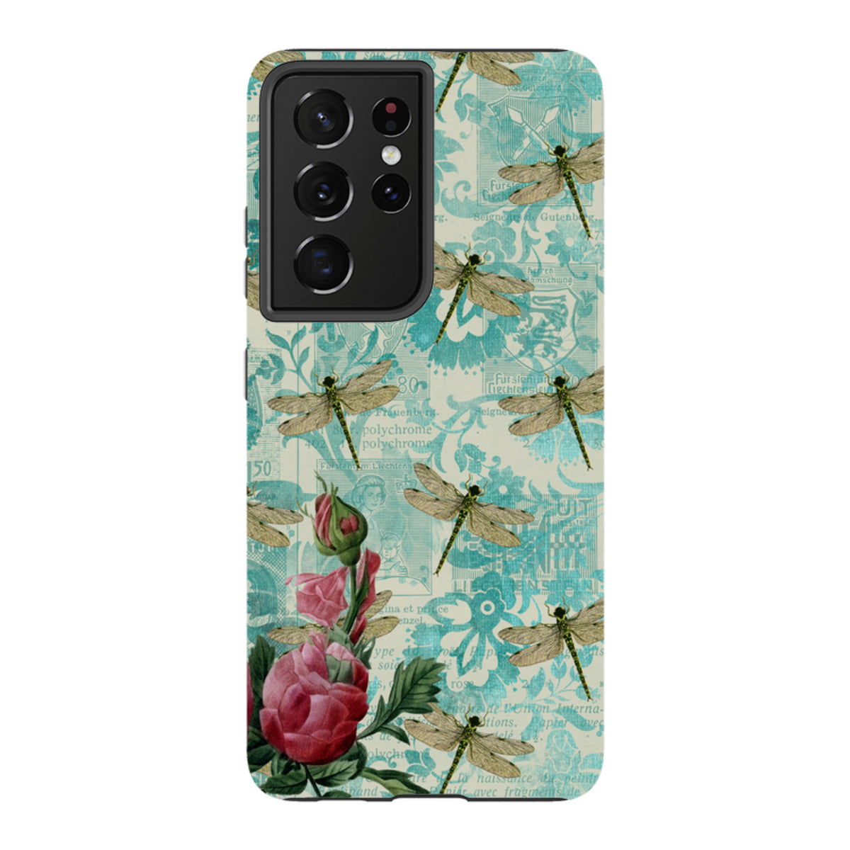 Samsung Tough Case featuring a vintage teal dragonfly and floral pattern with a durable dual-layer protective shell.
